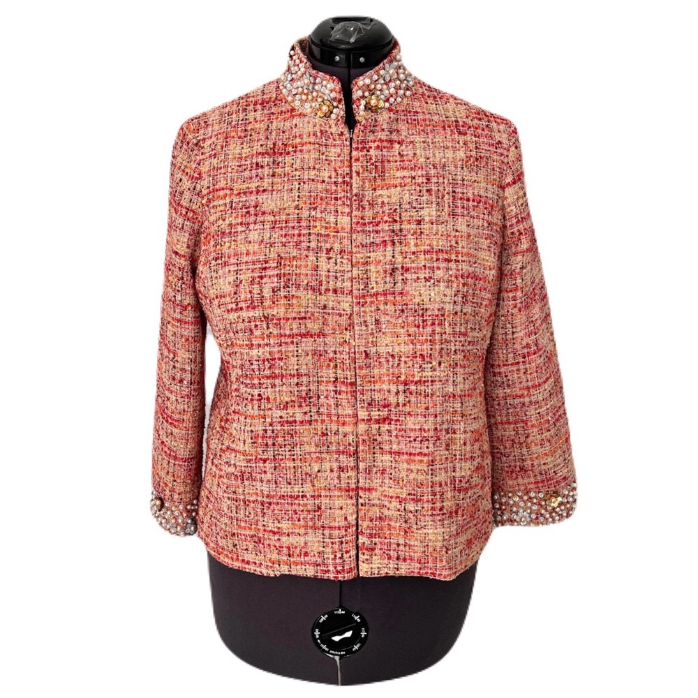 Chico’s Orange Tweed Pearl Trimmed 3/4 Sleeve Blazer, Size 1 (8/10)